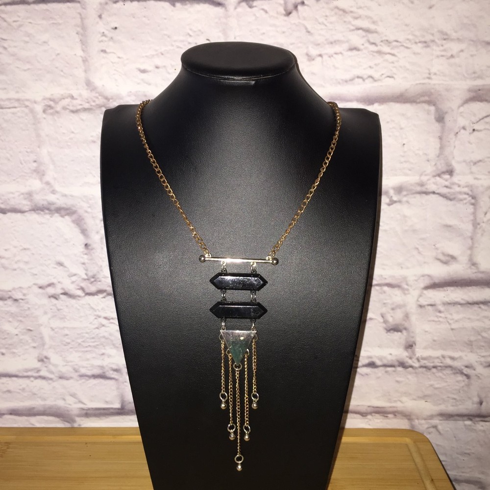 Vintage 60s Geometric Pendant Necklace Gold Tone Metal Black Acrylic