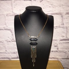 Vintage 60s Geometric Pendant Necklace Gold Tone Metal Black Acrylic