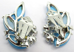 Lisner Signed Blue Thermoset and AB Rhinestone Climber Vintage Clip-On Earrings
