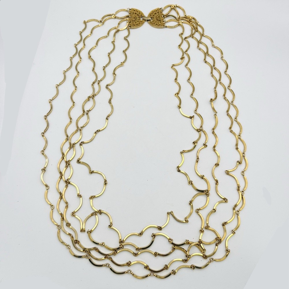 Vintage Gold Tone Necklace Curved Link Multi Chain 5 Strand 31.5”