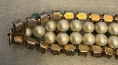 50s Vintage Signed Germany Wired Green Glass Bead Rhinestone Pearl Bracelet 7”