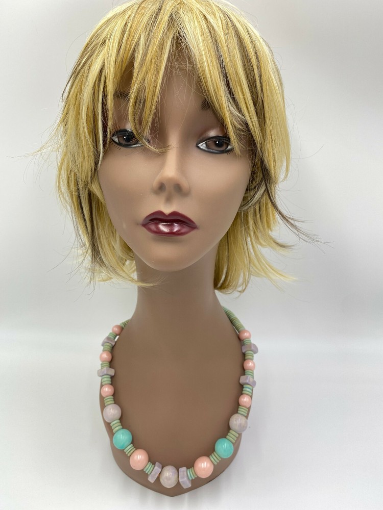 Vintage 1980s 1990s Pastel Chunky Wooden Beads Necklace 24″ Blue Pink Purple