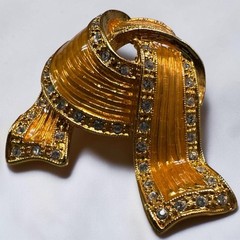 Vintage JBK Camrose & Kross Ribbon Bow Knot Brooch Amber Enamel Crystal Pin