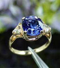 Vintage Gem Cushion Tanzanite Trillion Diamond 3 stone Ring 14K Gold 2.5ct