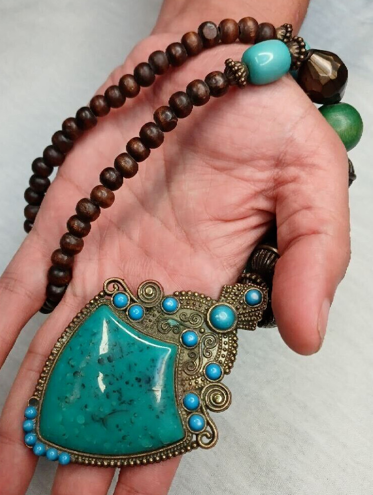 Vintage brass metal necklace with green stone made of brass and faux wood beads