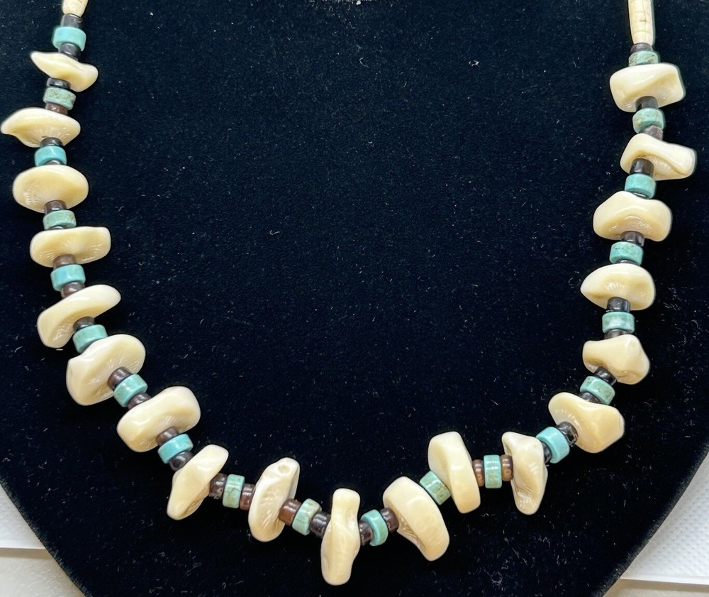 Chunky Handmade Necklace: Bone, Turquoise & Horn w Sterling Closure.