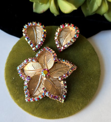 Vintage Gold Tone AB Glass Rhinestones Floral Brooch Pin Earrings Clip On Set