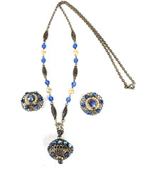 WEST GERMANY Pendant/Necklace Earring Set Blue AB Rhinestone Faux Pearls 1950s