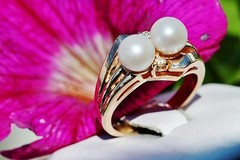 14k yellow gold ring 6.2mm cultured pearl natural diamond sz 6.5 vintage 5.85g