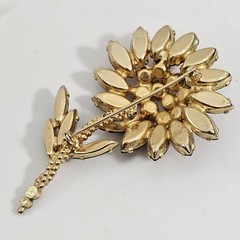 Vintage Amber Green Rhinestone Sunflower Brooch Pin Gold Tone Floral 3.25″