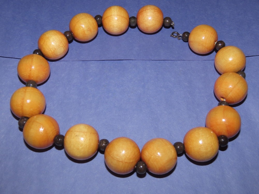 18″ WOOD LARGE BEAD NECKLACE BALSA 24mm 8mm SPACERS VINTAGE 80s