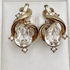Vintage Reinad Clear Crystal Ribbon Clip Earrings Gold Tone Hollywood Regency