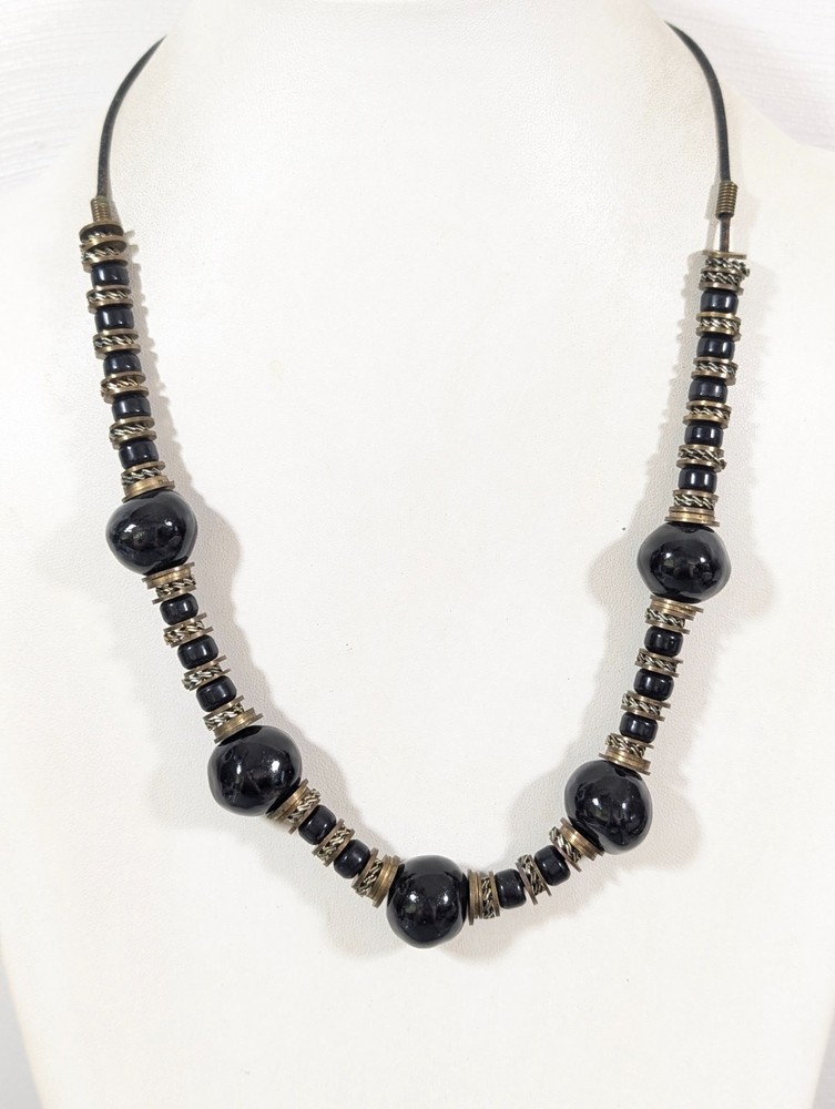 Vintage Black Ceramic Necklace Chunky Beads Bronze Tone Statement Tribal 25 in
