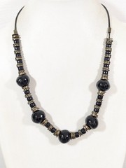 Vintage Black Ceramic Necklace Chunky Beads Bronze Tone Statement Tribal 25 in