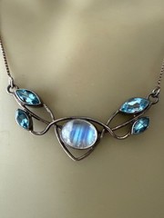 VINTAGE ESTATE STERLING SILVER MOONSTONE CABOCHON BLUE TOPAZ CHAIN NECKLACE 18″