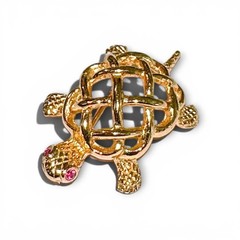VTG Signed NAPIER Turtle Brooch Gold Tone Knot Shell Pink Rhinestone Eyes