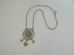 Vintage Lisner Statement Round Dangle Pendant Necklace Open Work Silver Tone