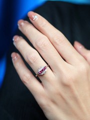 14K White Gold Finish French Cut Ruby Lab Created Diamond Art Deco Style Ring