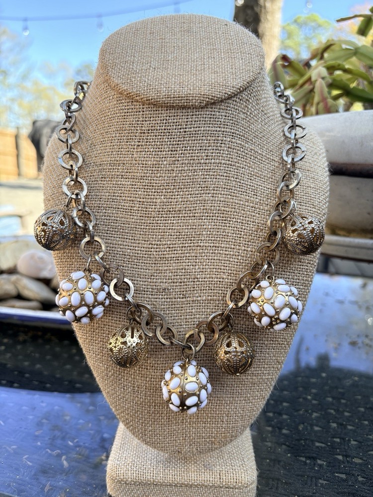 RJ Graziano Gold & White 70s Style Ball Chain Statement Necklace RJG Signed