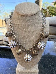 RJ Graziano Gold & White 70s Style Ball Chain Statement Necklace RJG Signed