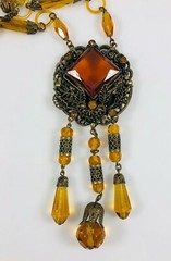 Antique Czechoslovakia Max Neiger Amber Brown Long Dangle Necklace Glass Links