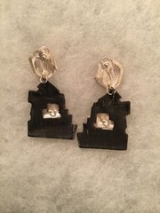 Contemporary/Abstract/Modern Matte Silver Tone-Black Dangle Pierced Earrings-2″