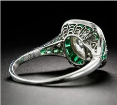 Vintage Art Deco Style Lab Created Diamond & Emerald Engagement 925 Silver Ring