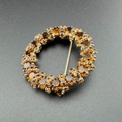 Weiss Brooch Pin 1.5in Amber Topaz Rhinestone Gold Tone Circle Wreath Vintage
