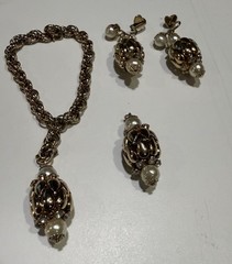 1950s Magic Lantern Gold Tone Rhinestone Earrings Necklace Charm Bracelet Set