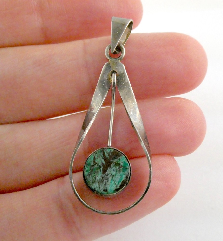 Vintage Sterling Silver Chrysocolla Flat Top Cabochon Drop Pendant 925 3.1g