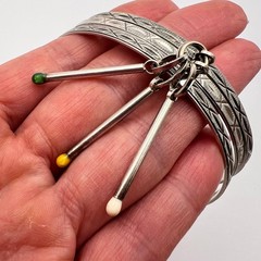 Vintage 800 Silver Triple Band Bracelet Circle Matchstick Enamel Charms Jewelry
