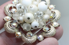 Vintage gold tone white milk glass clear AB rhinestones flower Brooch Pin