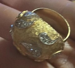Vintage Gold Tone Dome Ring Textured Metal Teardrop Rhinestone Accents Statement