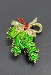 Enamel Pine Cone Fir Branch Bow Holiday Christmas Pin Brooch Gerrys Goldtone 2″