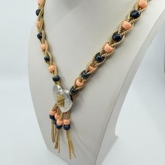 Boho Heart Bolo Necklace Gold Tone Woven Cord Peach Black Beads