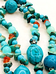 Vtg 58 Inch Beaded Tassel Lariat Necklace Sterling, Turquoise , Chrysoprase etc.
