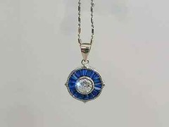 Art Deco Style Lab Created Diamond Sapphire Engagement 14K White Gold FN Pendant