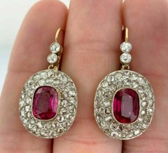 Cushion Cut Ruby & Lab Created Diamond Double Halo Wedding Gold Finish Earrings