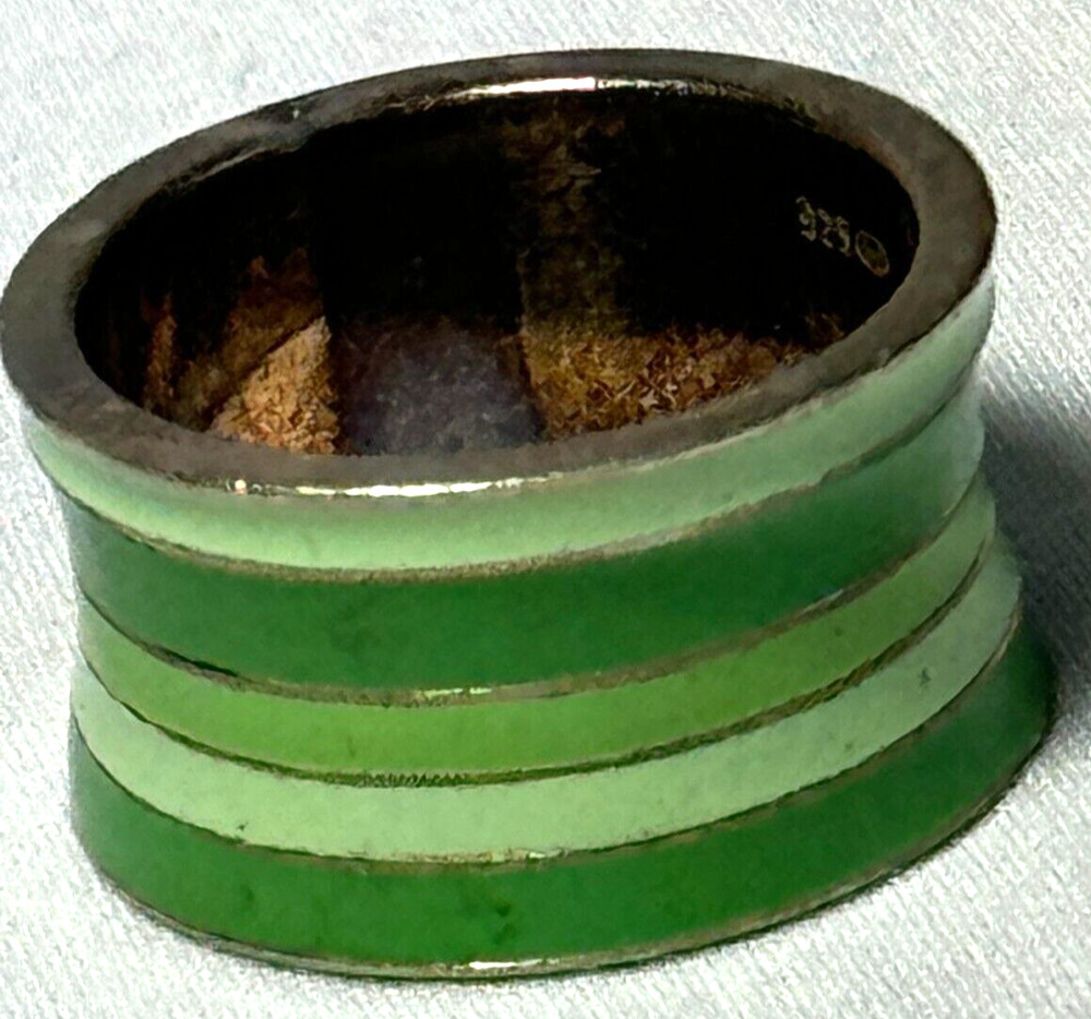 VINTAGE STERLING WIDE GREEN STRIPE ENAMEL CIGAR BAND RING SIZE 9-FREE SHIP