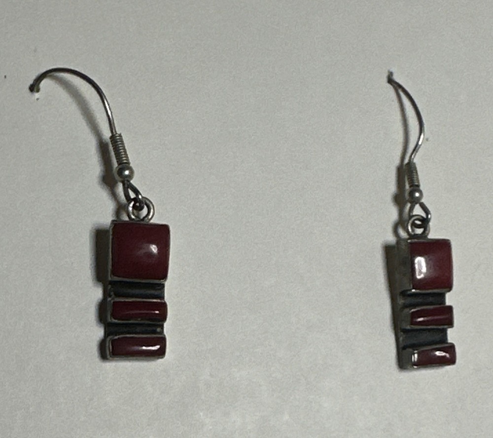 Vintage Nickel Silver Red Jasper Modernist Drop Hook Earrings