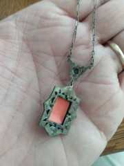 Antique coral colored Rose molded glass & Sterling Deco Necklace Pendant