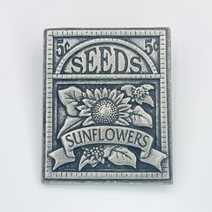 Vintage BIRDS and BLOOMS Signed Brooch Sunflower Seeds Packet Pewter Tone Pin
