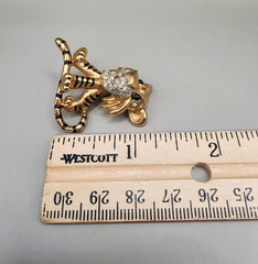 Vintage JOMAZ Tiger Brooch Signed Joseph Mazer Rhinestone Enamel Gold Tone Pin