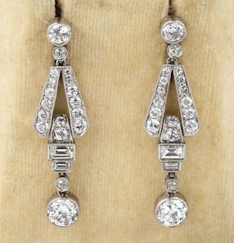 Art Deco Style Drop Girls Earrings 2.6 Ct Simulated Diamond 14K White Gold Over