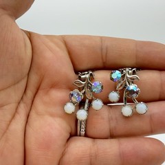 Vintage Spray Earrings Blue AB Rhinestone Opaline Glass Riveted Back Floral
