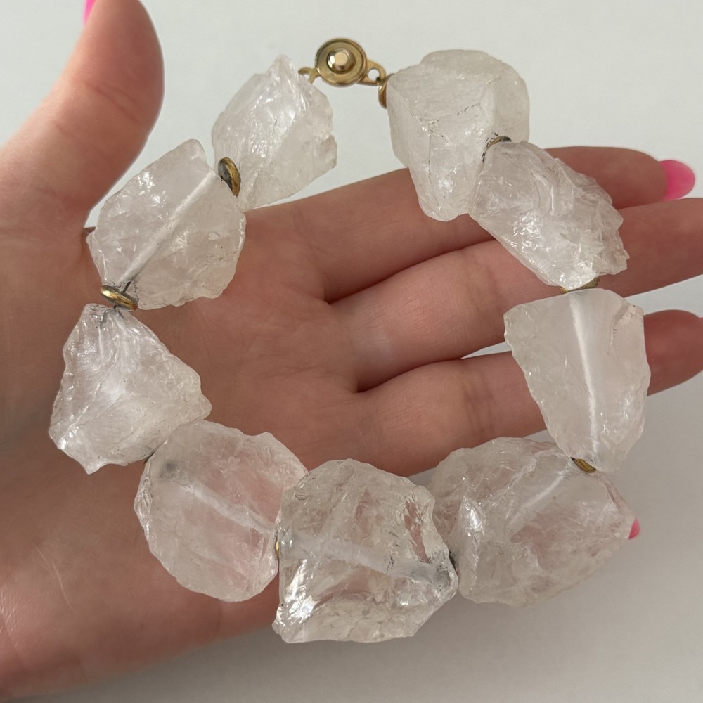 Vintage Big Chunky Clear Rock Crystal Quartz Raw Stone Heavy Statement Bracelet