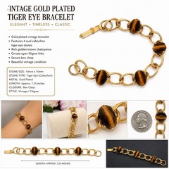 Vintage Gold Plated Filigree Engraved Bracelet Tiger Eye Cabochon 7 1/4”