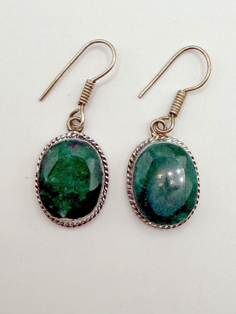 925 STERLING SILVER GREEN STONE OVAL DANGLE DROP EARRINGS WOMENS BOHO ROPE HOOK