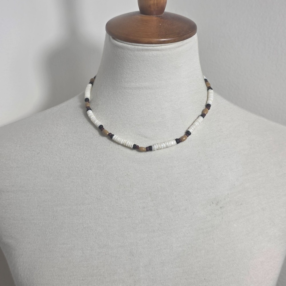 Puka Shell Necklace White Heishi Beads with Tan, Black & Burgundy Accent Beads