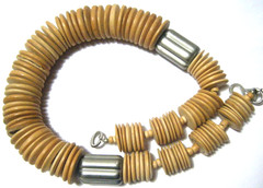 Vtg 70s Necklace Wooden Disc Beaded Boho Style w 2 metallic cylinder spacers